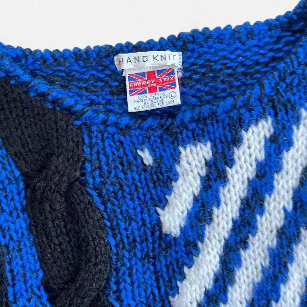 Vintage Cherry Stix Hand Knit Blue Black White  Geometric Checkered Sweater - Picture 2 of 6